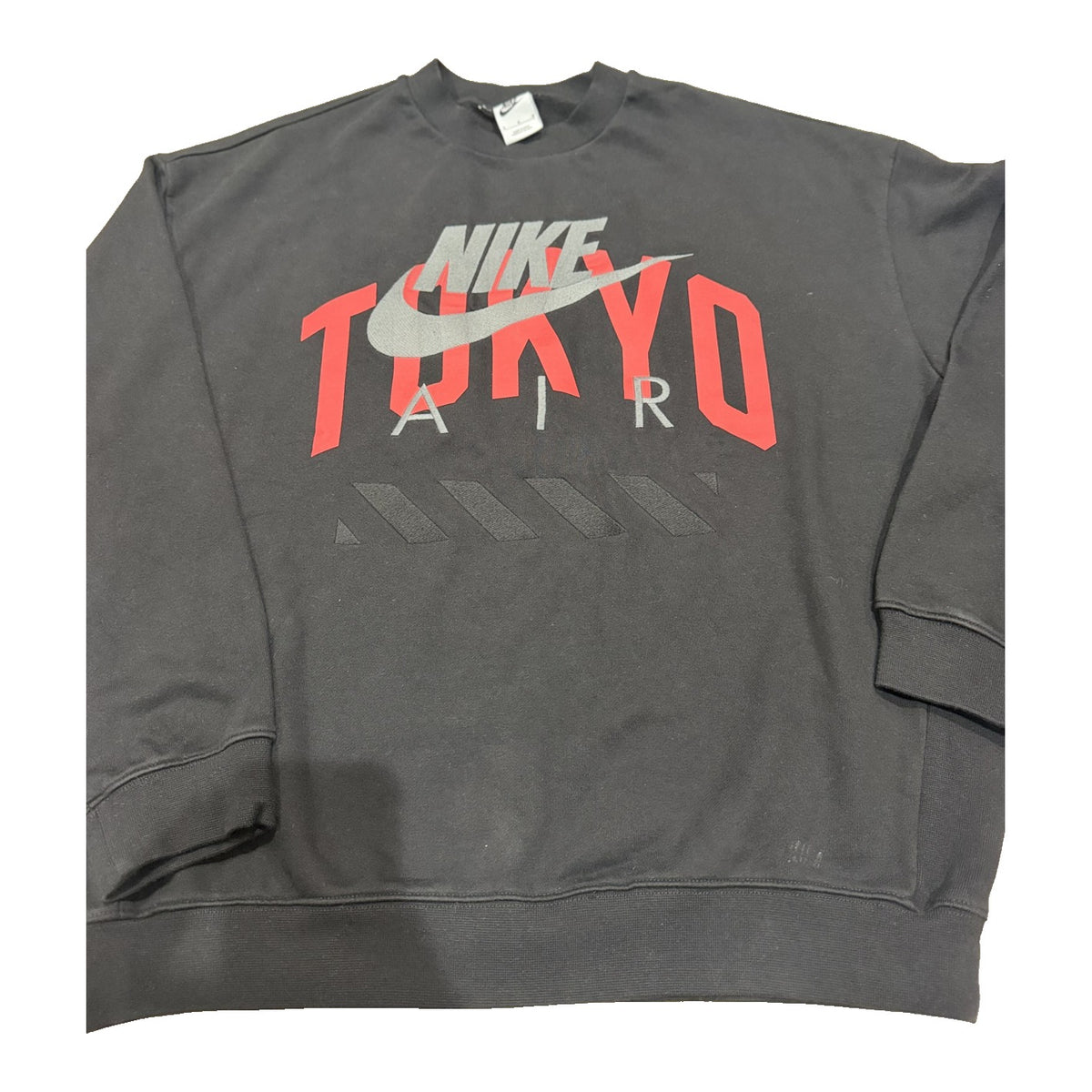 Nike Air Tokyo Crewneck sweatshirt in black with red and gray embroidered swoosh, unisex size M, casual clothing for men and women.