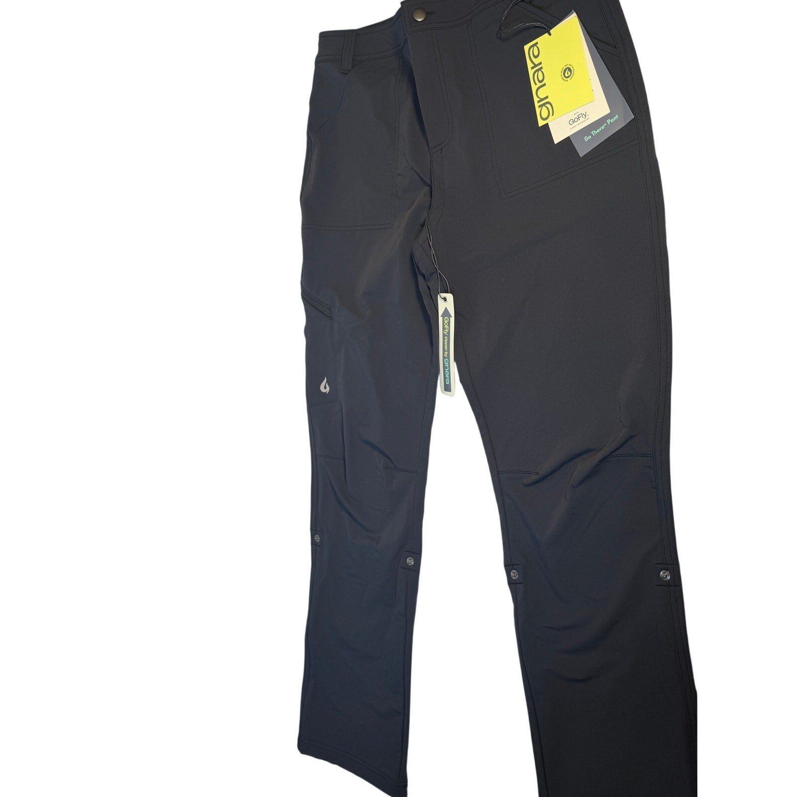 Gnara Go There women's black outdoor hiking pants, size 12, with 30.75-inch inseam, showing the fitted style and durable fabric.