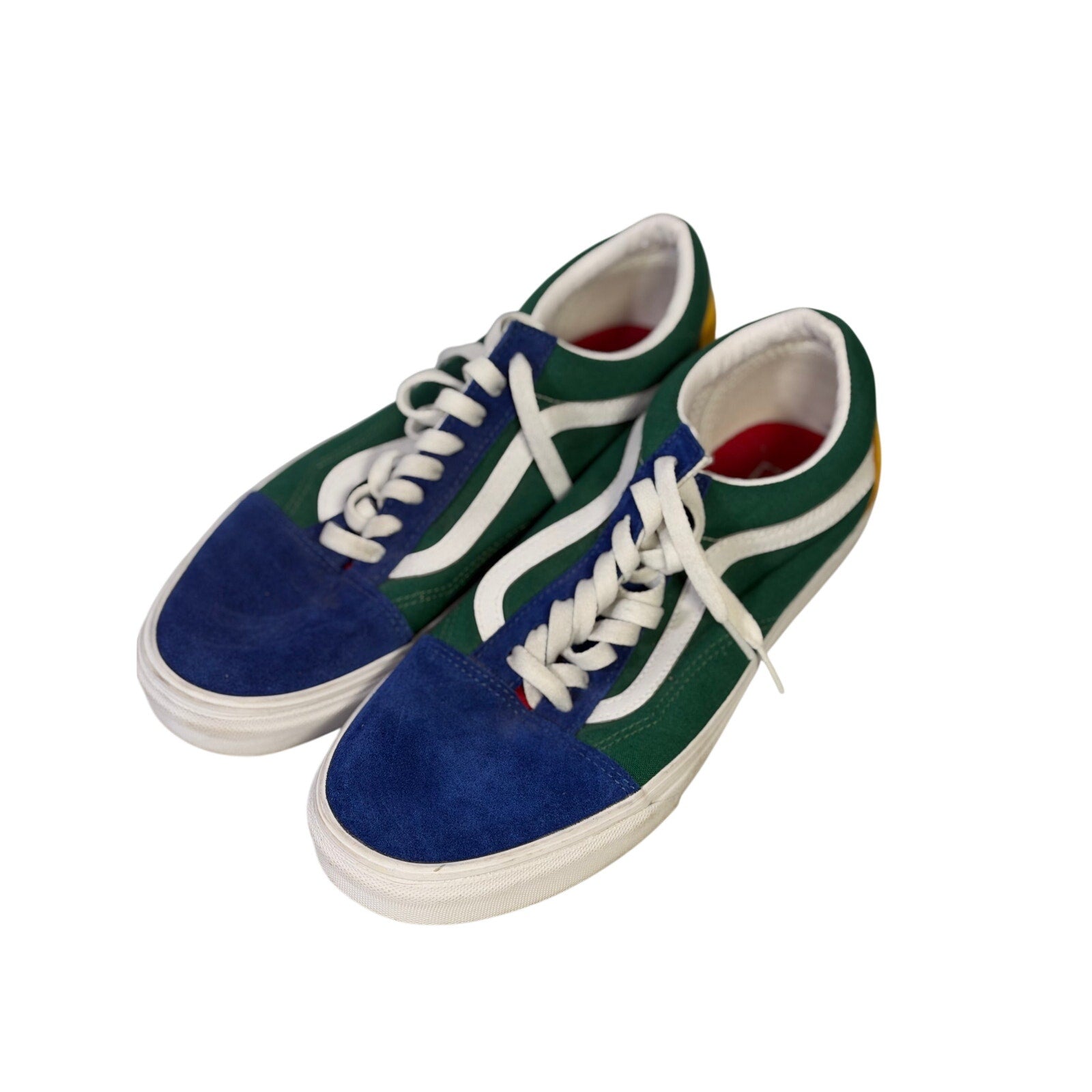 VANS Old Skool colorblock sneakers in green, blue, and white for men’s size 10.5 and women’s size 12, showcasing stylish casual footwear.