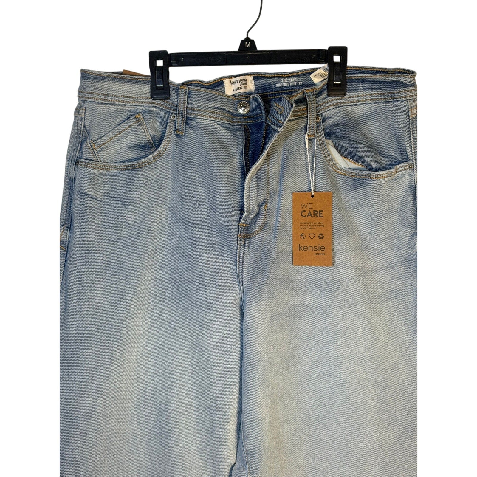 Kensie The Kayla high-rise wide-leg jeans for women, size 14/32, shown on a model with a natural fit and light wash denim.