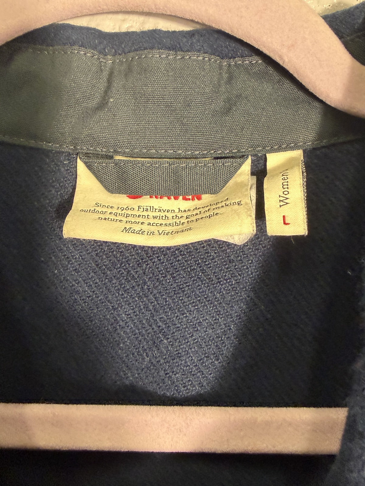 Fjällräven Singi Flannel Overshirt Shacket in dark navy, women's size L, featuring a soft flannel fabric and casual jacket style.