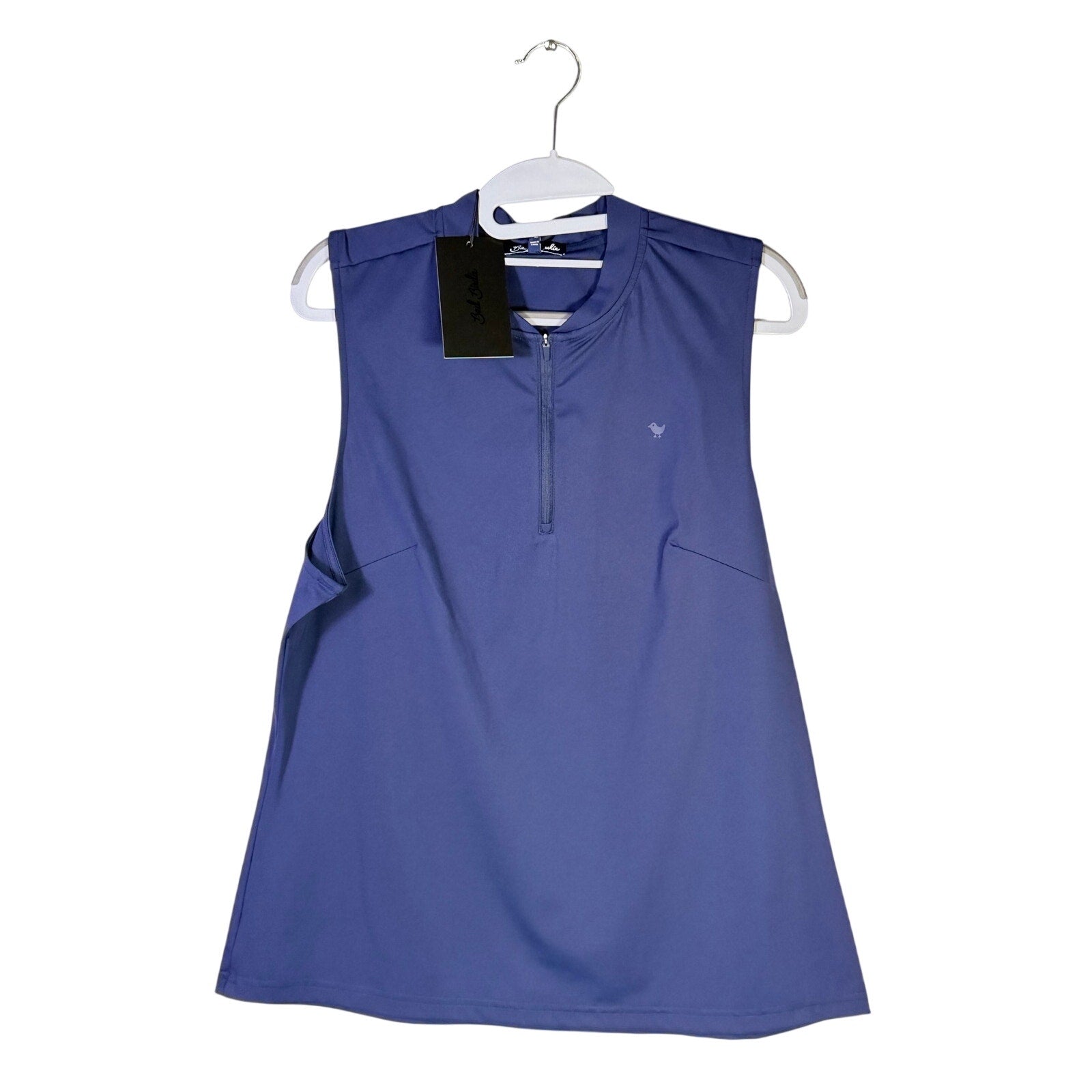 Bad Birdie women's blue sleeveless quarter-zip golf polo tank top, front view, medium size, new with tags