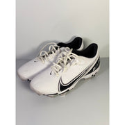 Nike Vapor football cleats in white and black for men, size 8.5 US, featuring a sleek design and durable cleat studs.