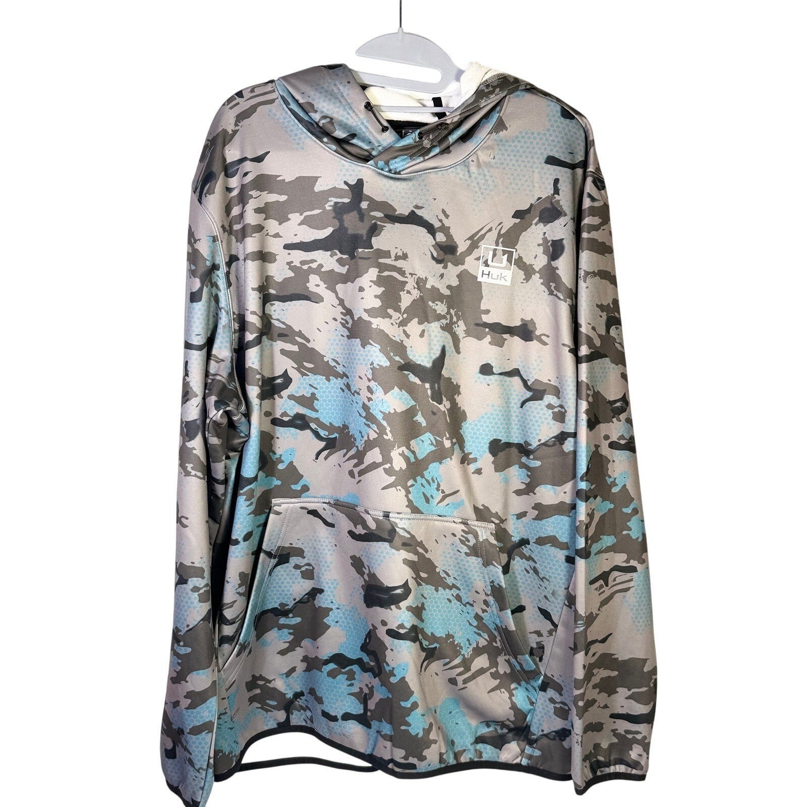 Hulk HUK Men's Cold Front KC Camo Fishing Hoodie in gray blue, size XL, showing front view with hoodie and camo pattern.