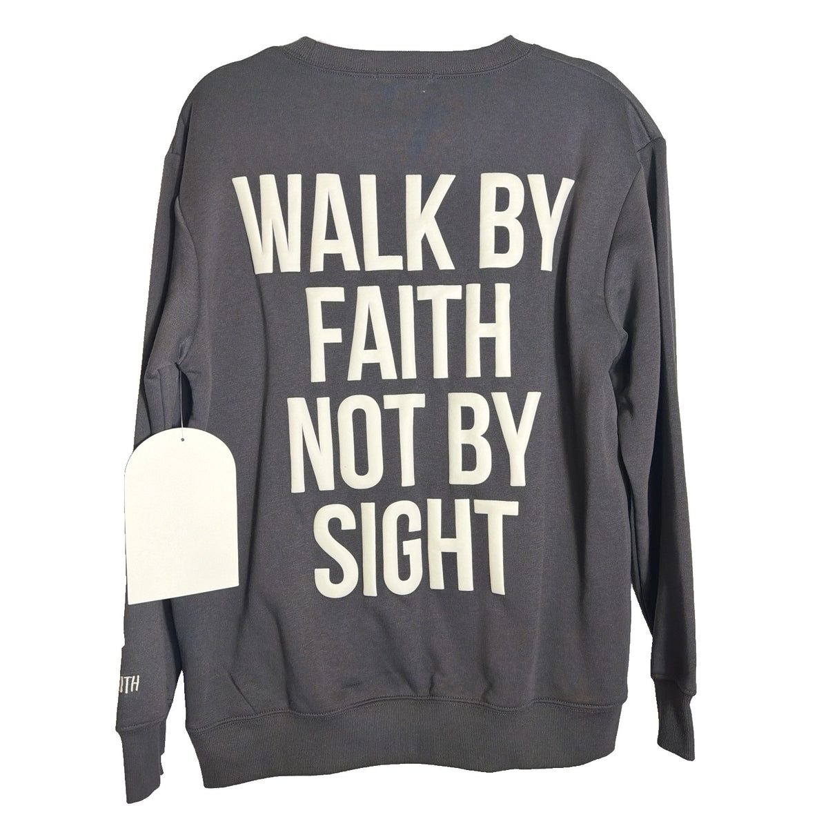 Charcoal Revival Club Women's Walk By Faith Not By Sight crewneck sweatshirt, casual fit, soft fabric, front graphic design.