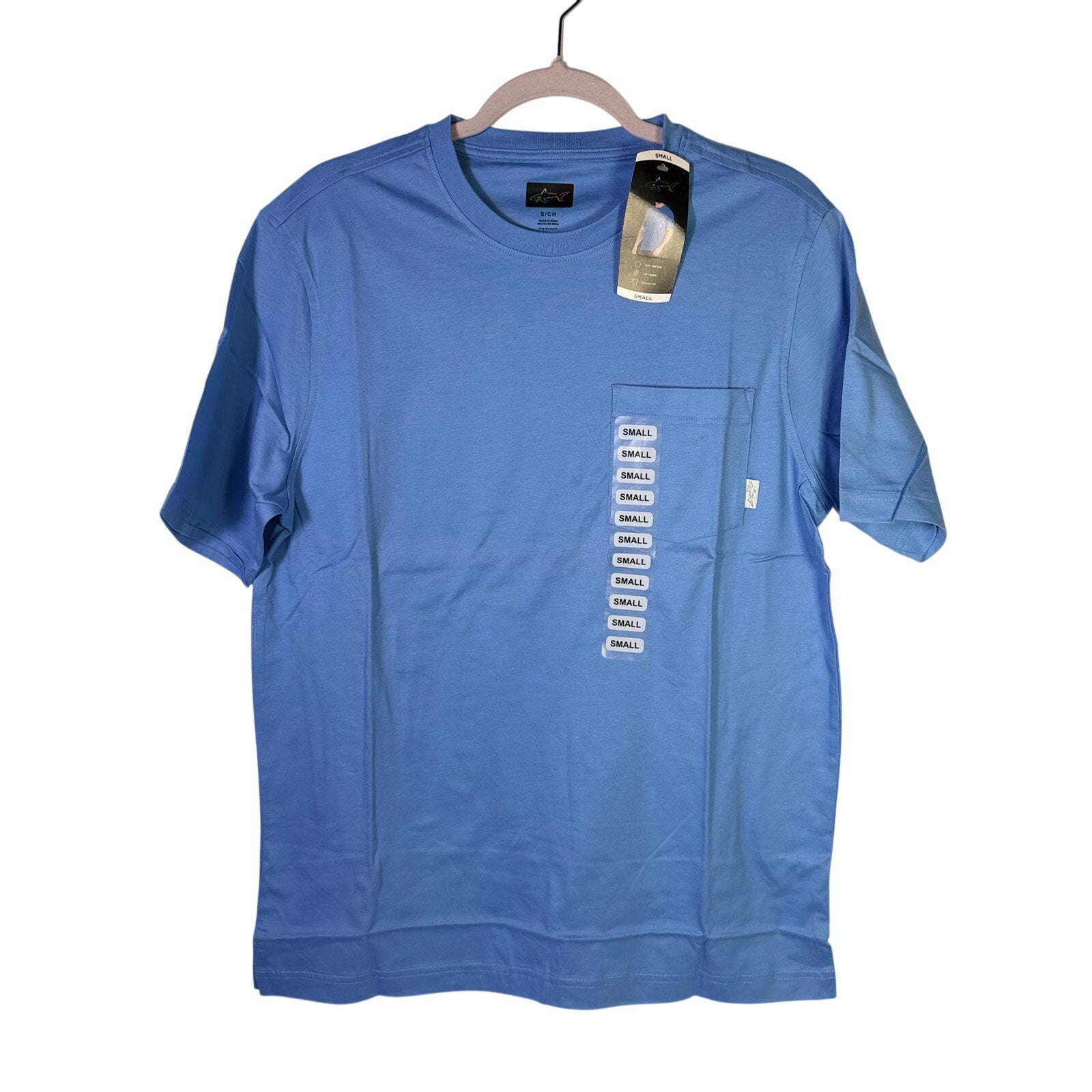 Greg Norman men's blue pocket T-shirt, relaxed fit, size small, casual cotton tee, front pocket detail, new with tags.
