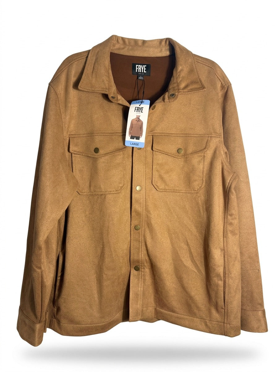 Frye men's camel tan faux suede snap button shirt jacket, size large, shown front view with collar and button details.