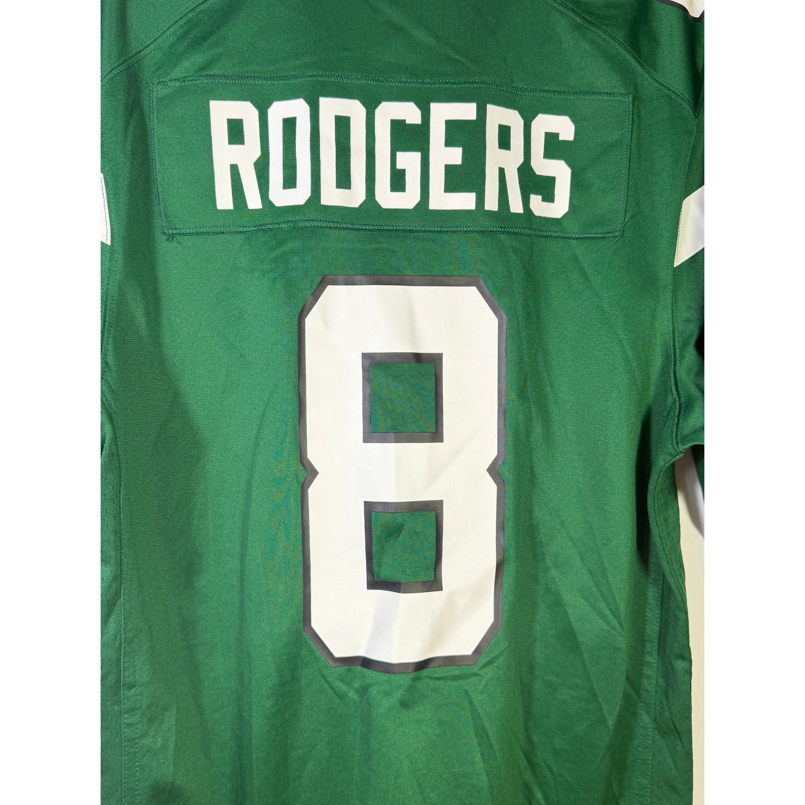 Nike New York Jets Aaron Rodgers #8 football jersey for men, small size, green color, with team and player details.