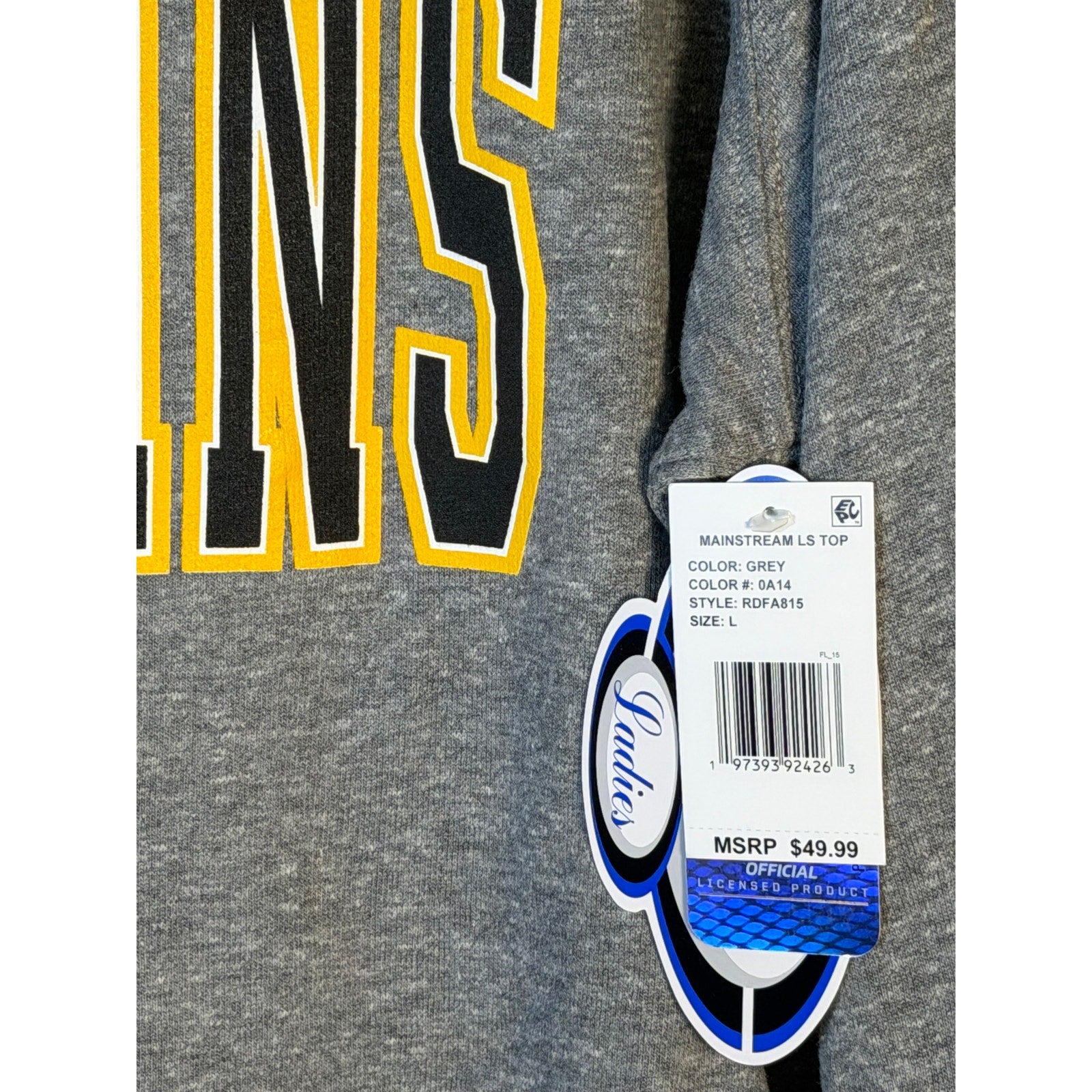 Concepts Sport Pittsburgh Penguins women's gray crew sweatshirt, large size, soft fabric, NHL team logo visible.