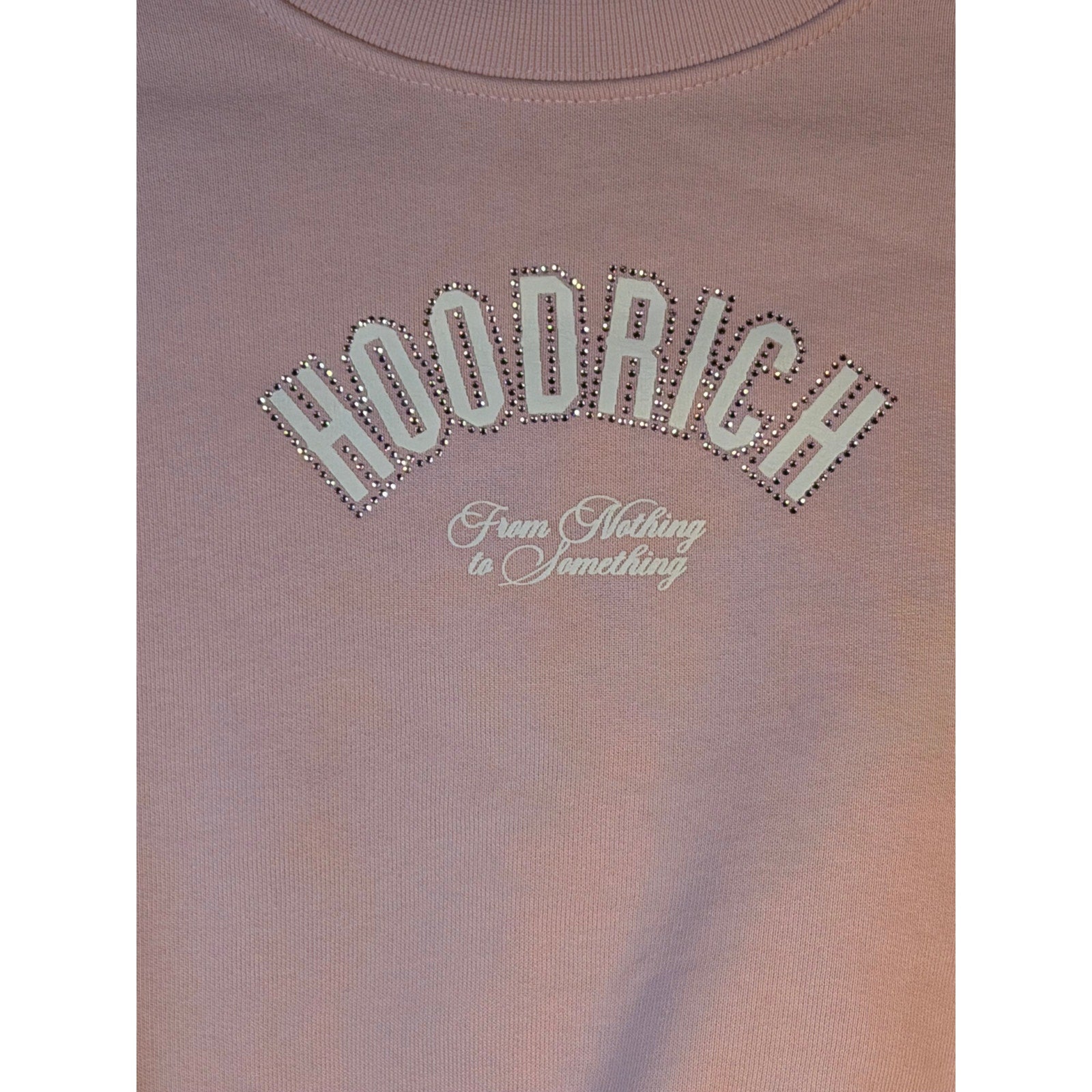 Pink Hoodrich cropped sweatshirt with rhinestone logo, women's size small, crewneck pullover, stylish and comfortable.