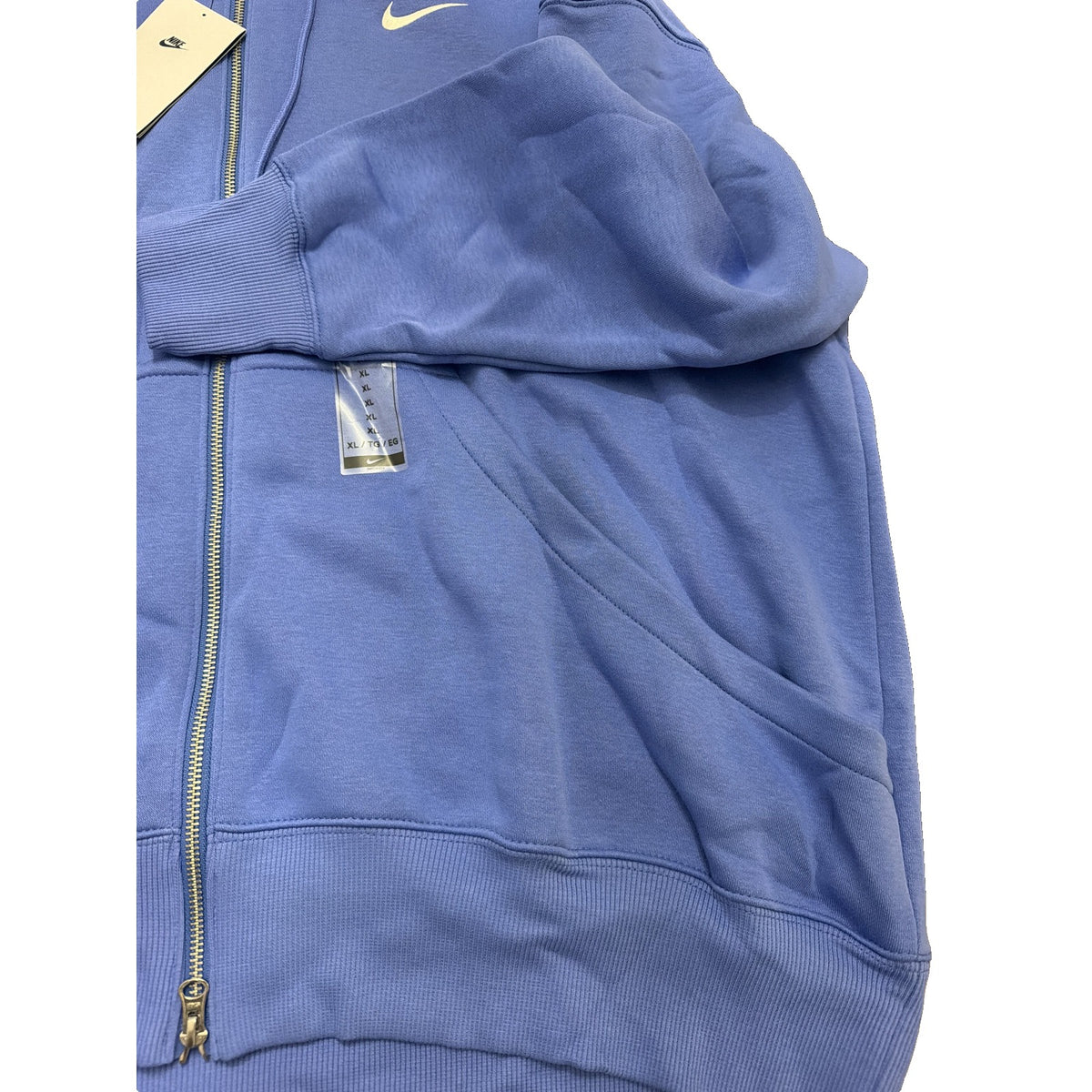 Nike Sportswear Phoenix fleece oversized full-zip hoodie for women, XL in blue, with Nike branding and front pockets.