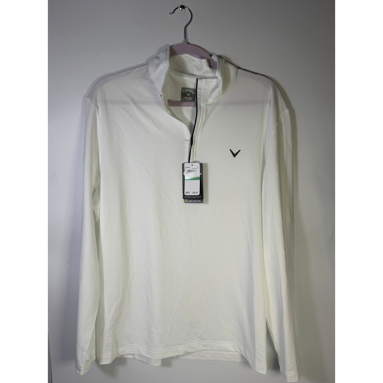 Callaway women's Opti-Dri quarter zip golf sweatshirt in white, size L, showcasing the lightweight, sporty design and brand logo.
