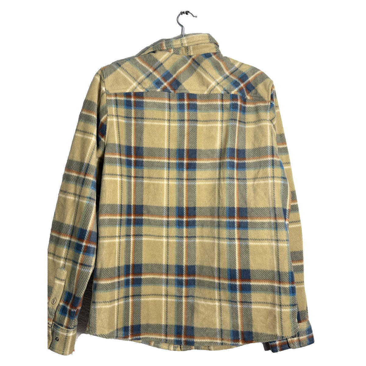 O'Neill Glacier Plaid Superfleece shirt jacket in khaki and blue, men's size M, featuring a plaid pattern and fleece material.