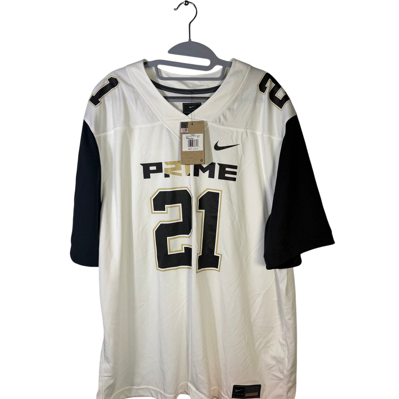 Nike PRIME Deion Sanders #21 football jersey, men's 2XL, white, featuring team graphics and Nike branding.