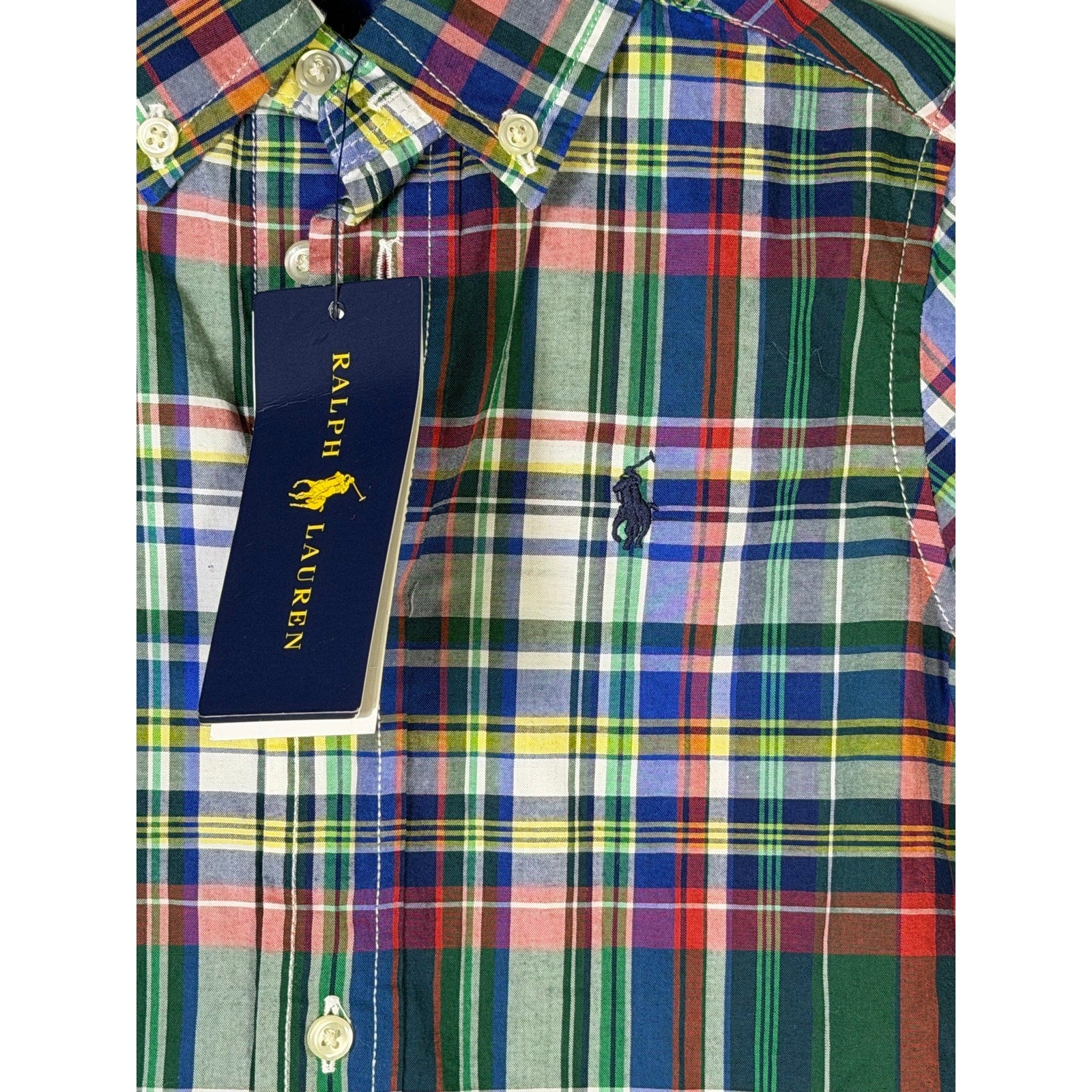 Ralph Lauren boys plaid shirt with khaki chino shorts, size 2T, casual outfit set for young children.