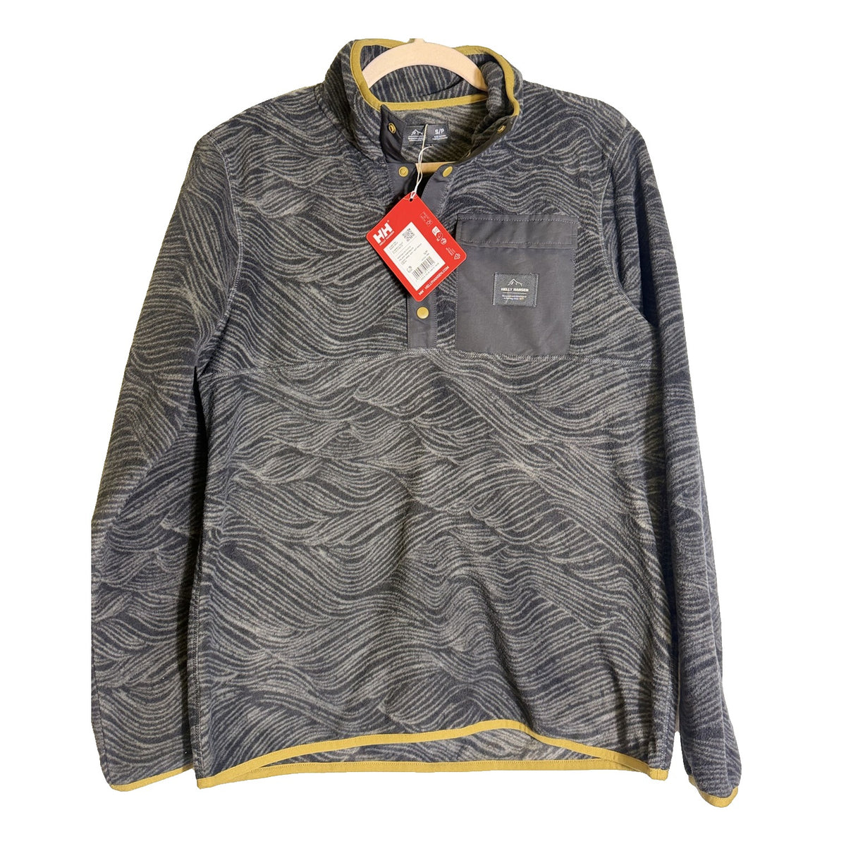 Helly Hansen Maridalen fleece pullover for men in size S, ebony wave print, featuring a snap front and soft sweatshirt fabric.