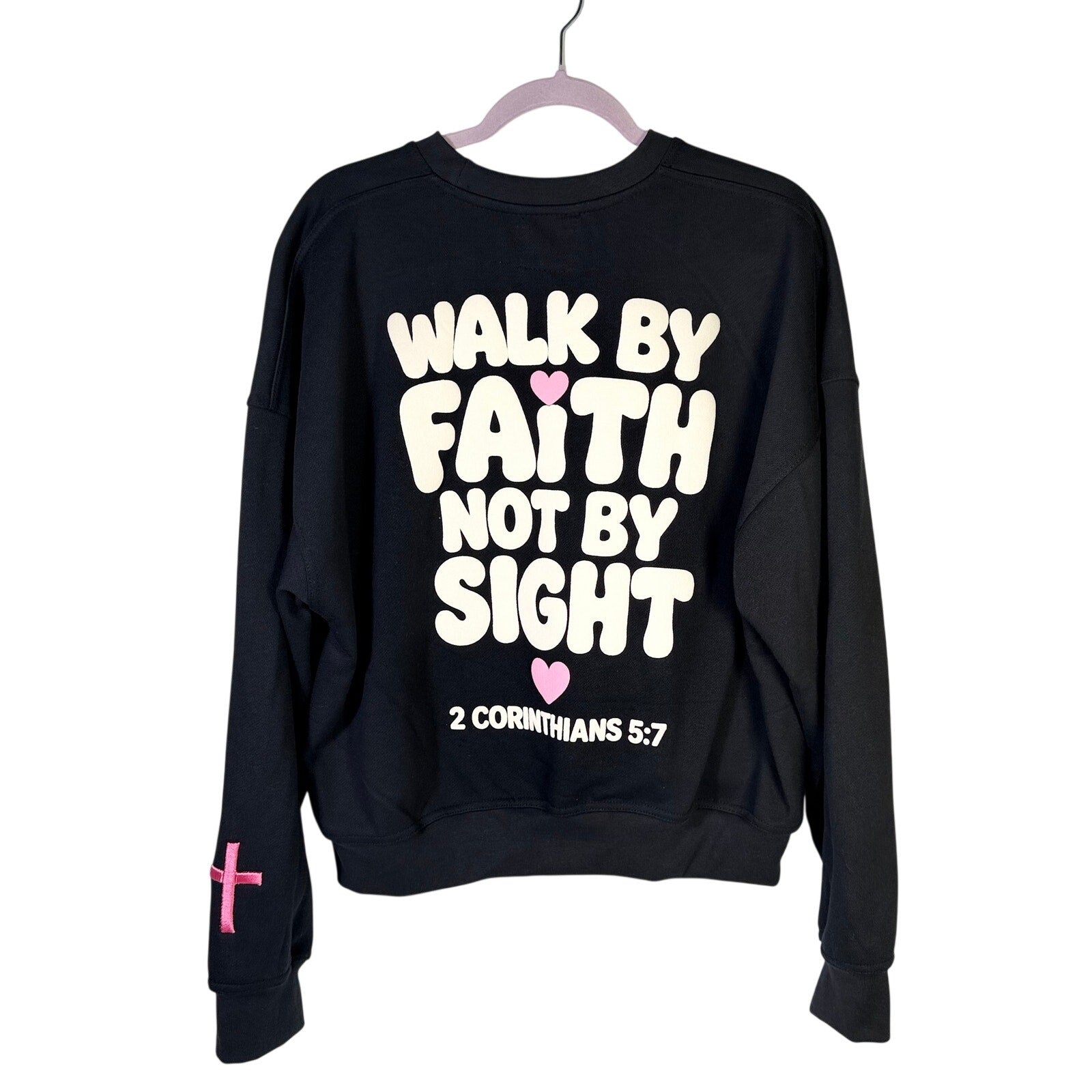 Christian crewneck sweatshirt by The Frugal Teacher with "Walk by Faith" text, shown in size XL, soft and comfortable fabric.