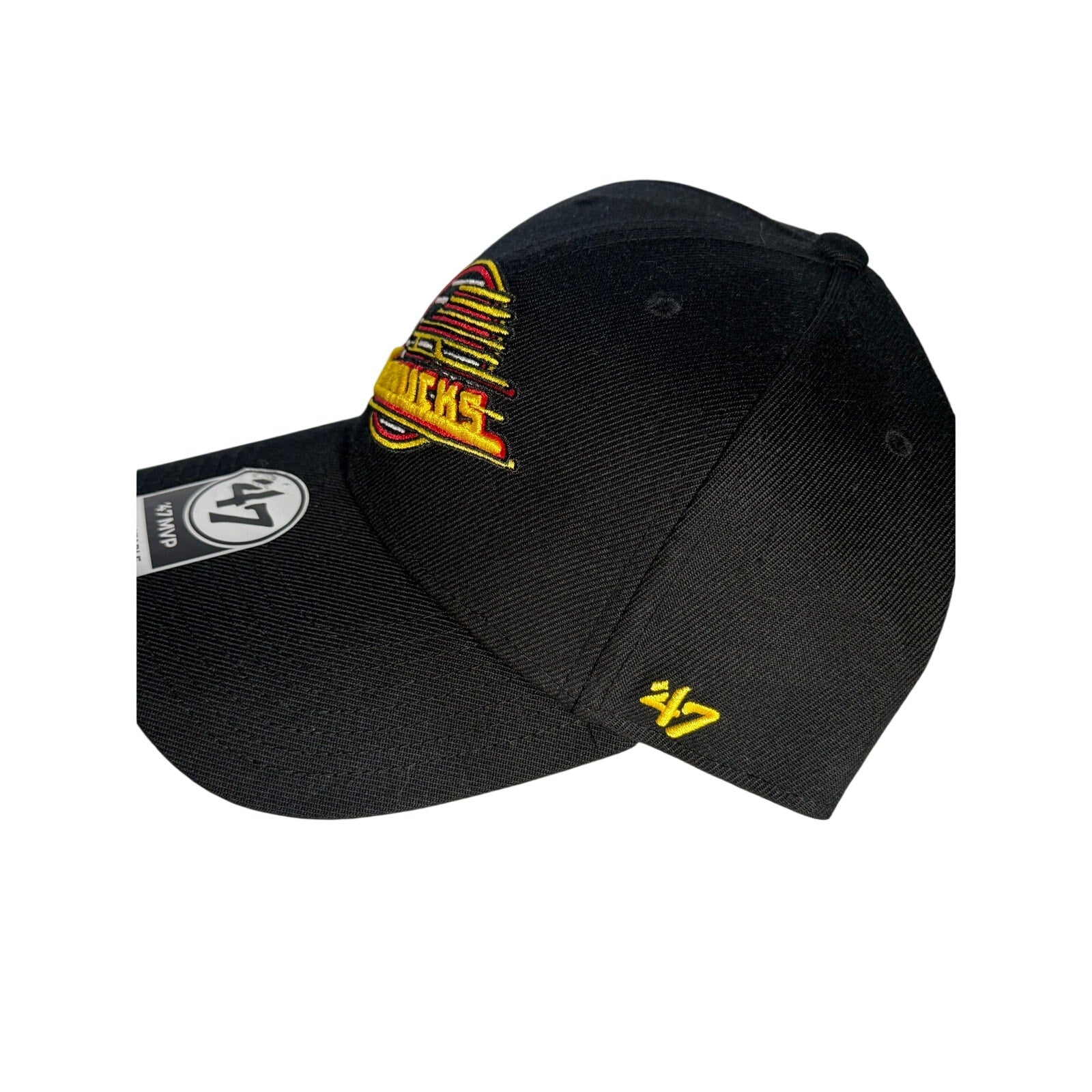 '47 Brand Vancouver Canucks black MVP adjustable NHL hockey cap with embroidered team logo and curved brim.