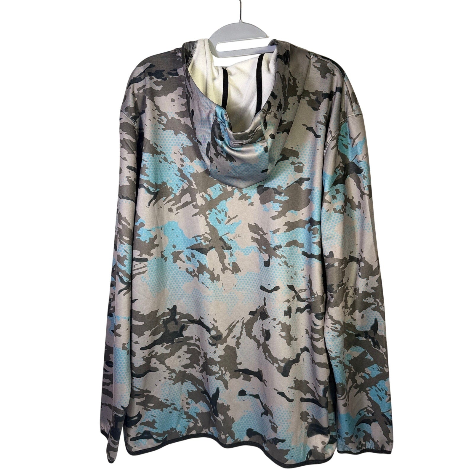 Hulk men's Cold Front KC Camo fishing hoodie in gray blue, size XL, featuring camouflage pattern and hooded design.