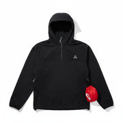 Men’s Nike ACG Trail Snacks Storm-FIT ADV jacket in black, displayed on a hanger with a zippered front and storm-resistant design.
