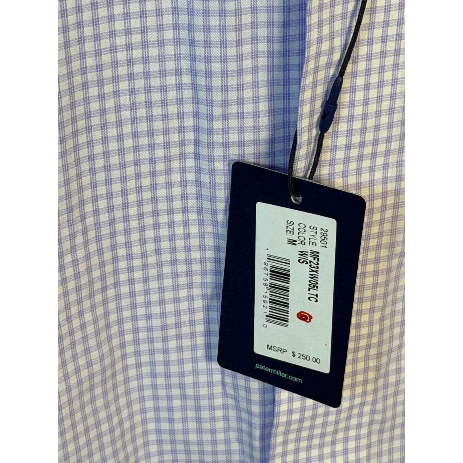 Peter Millar Crown Crafted Flex Finish purple check dress shirt for men, new with tag, showcasing collar and checkered pattern.