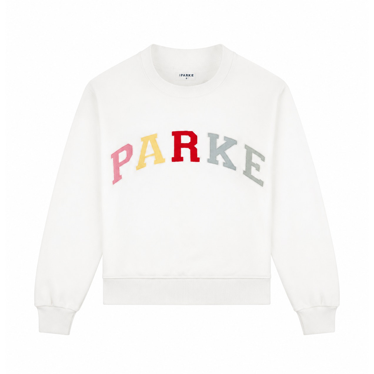 White PARKE Heritage Varsity Mockneck Sweatshirt for women, cozy pullover with a varsity style, size XL.