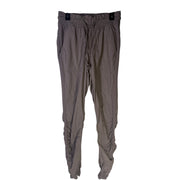Lululemon women's taupe gray high-rise ruched tapered pants, size 4, preowned, with a fitted waistband and tapered leg design.