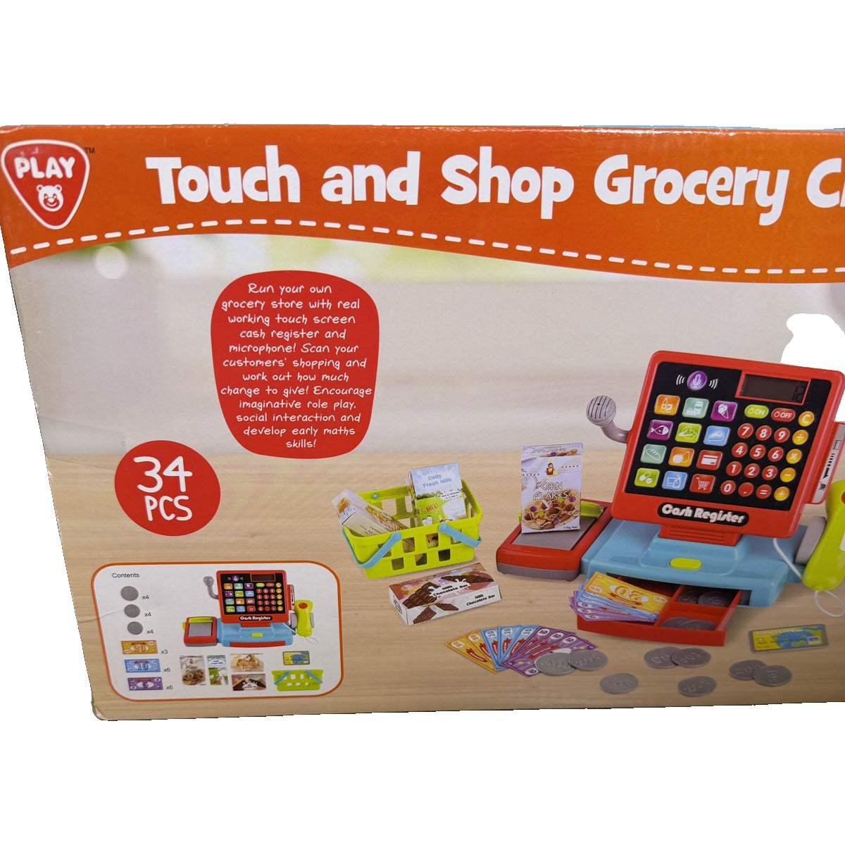 PlayGo Touch and Shop grocery checkout toy set with cash register, scanner, microphone, and play money for pretend play.