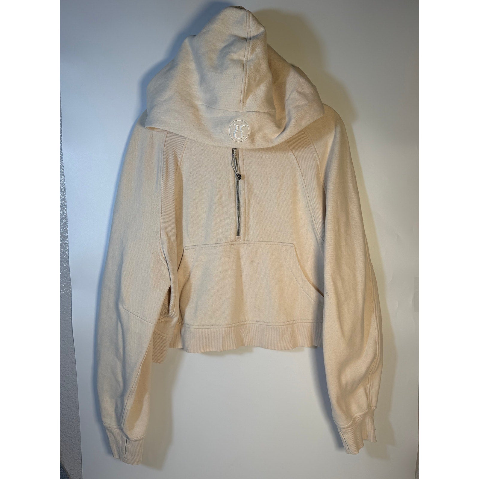 Lululemon women's cream scuba half zip hoodie in oversized fit, shown as an XL/XXL pullover with a high collar and relaxed style