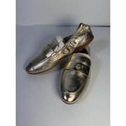 Tory Burch women's gold metallic leather loafers, slip-on flats, size 5M, stylish and comfortable footwear.