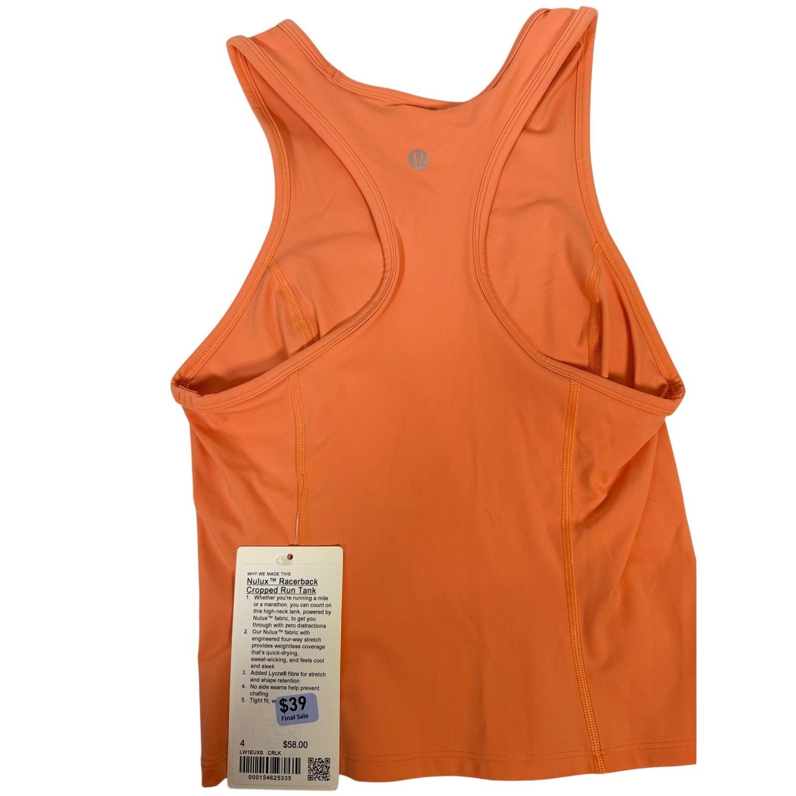 Lululemon Nulu Racerback Cropped Run Tank top for women in coral, size 4, with a lightweight, breathable fabric design.