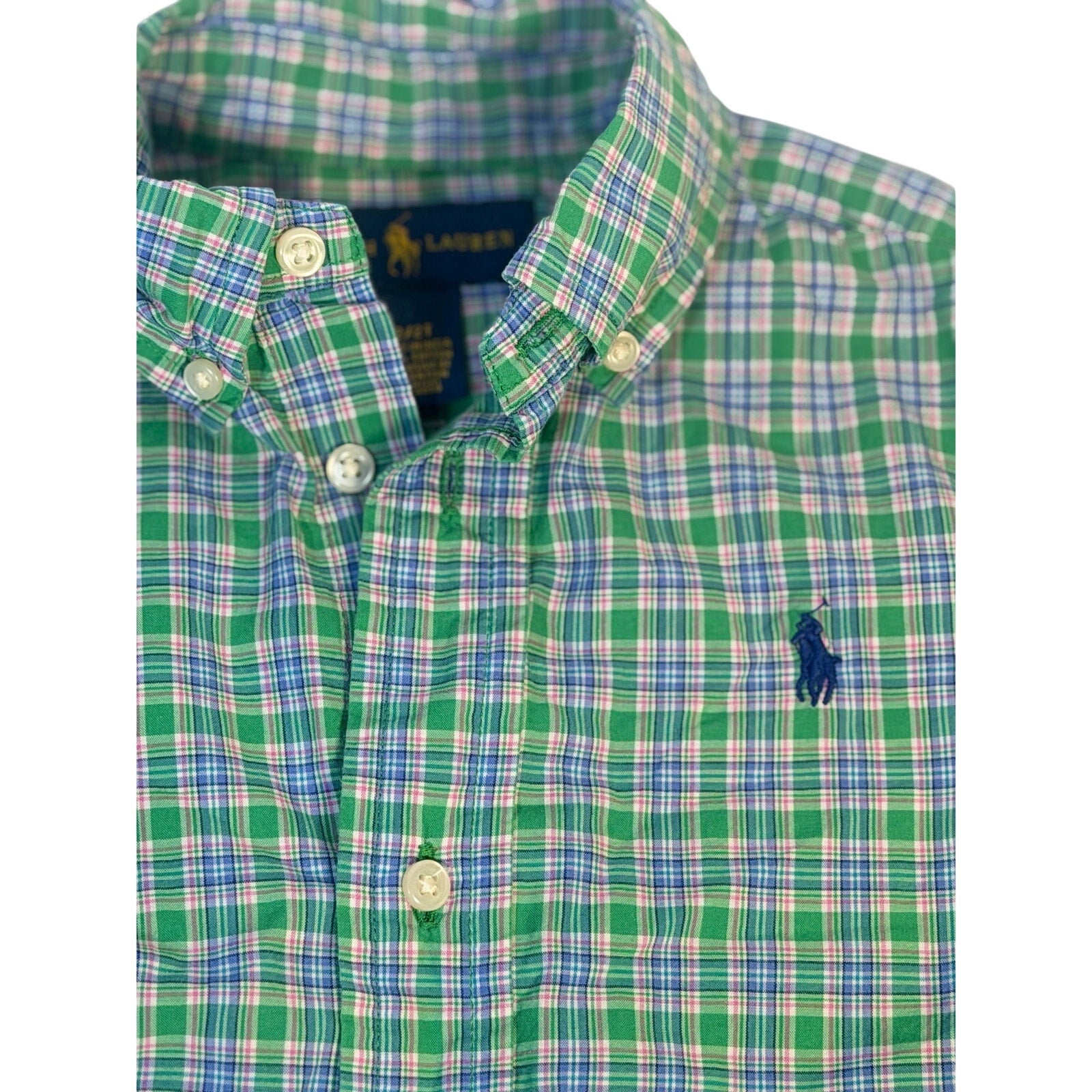 Ralph Lauren toddler boys plaid button-down shirt in green and blue, size 2/2T, shown laid flat.