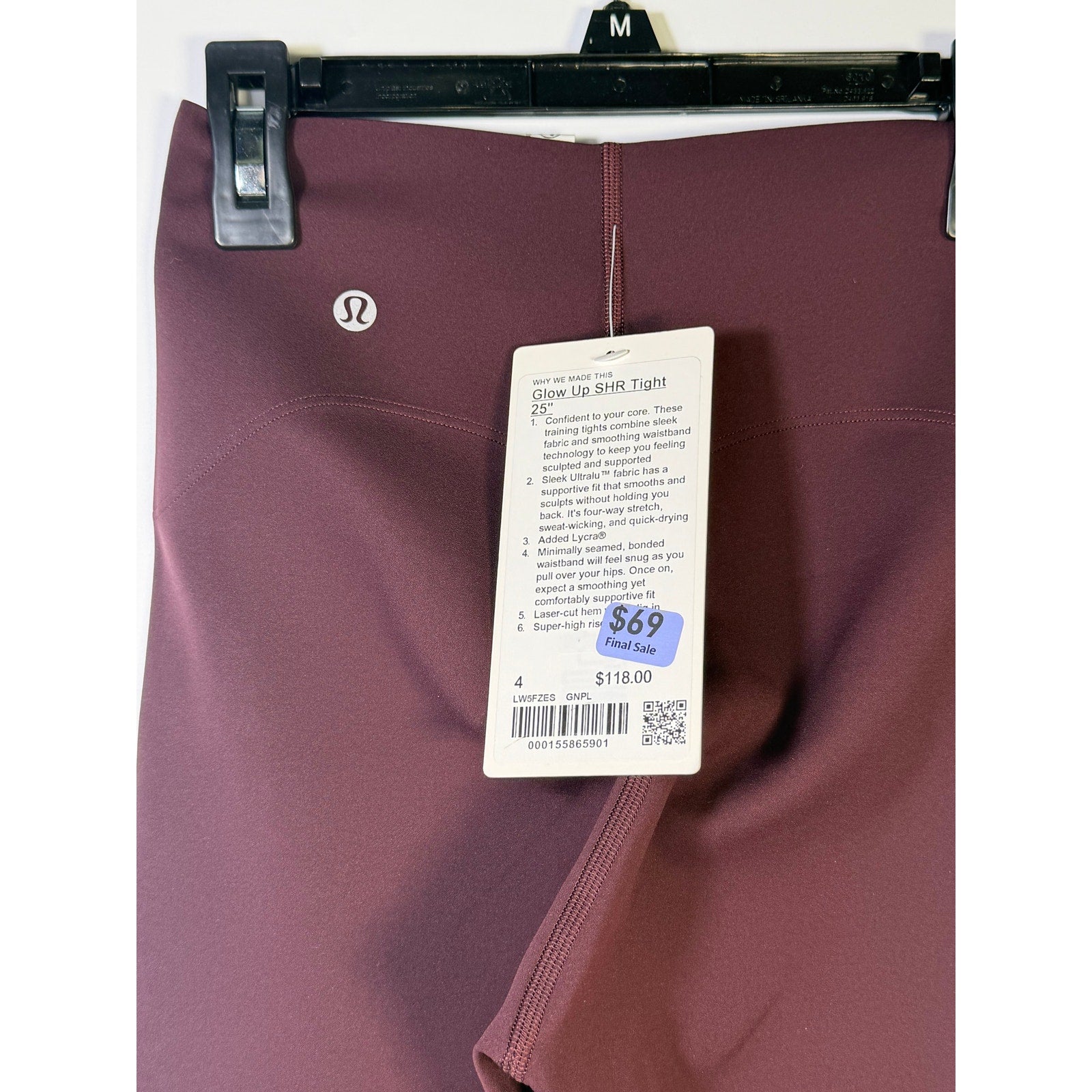 Lululemon Glow Up SHR Tight 25-inch women's leggings in size 4, black with seamless design and reflective detailing.
