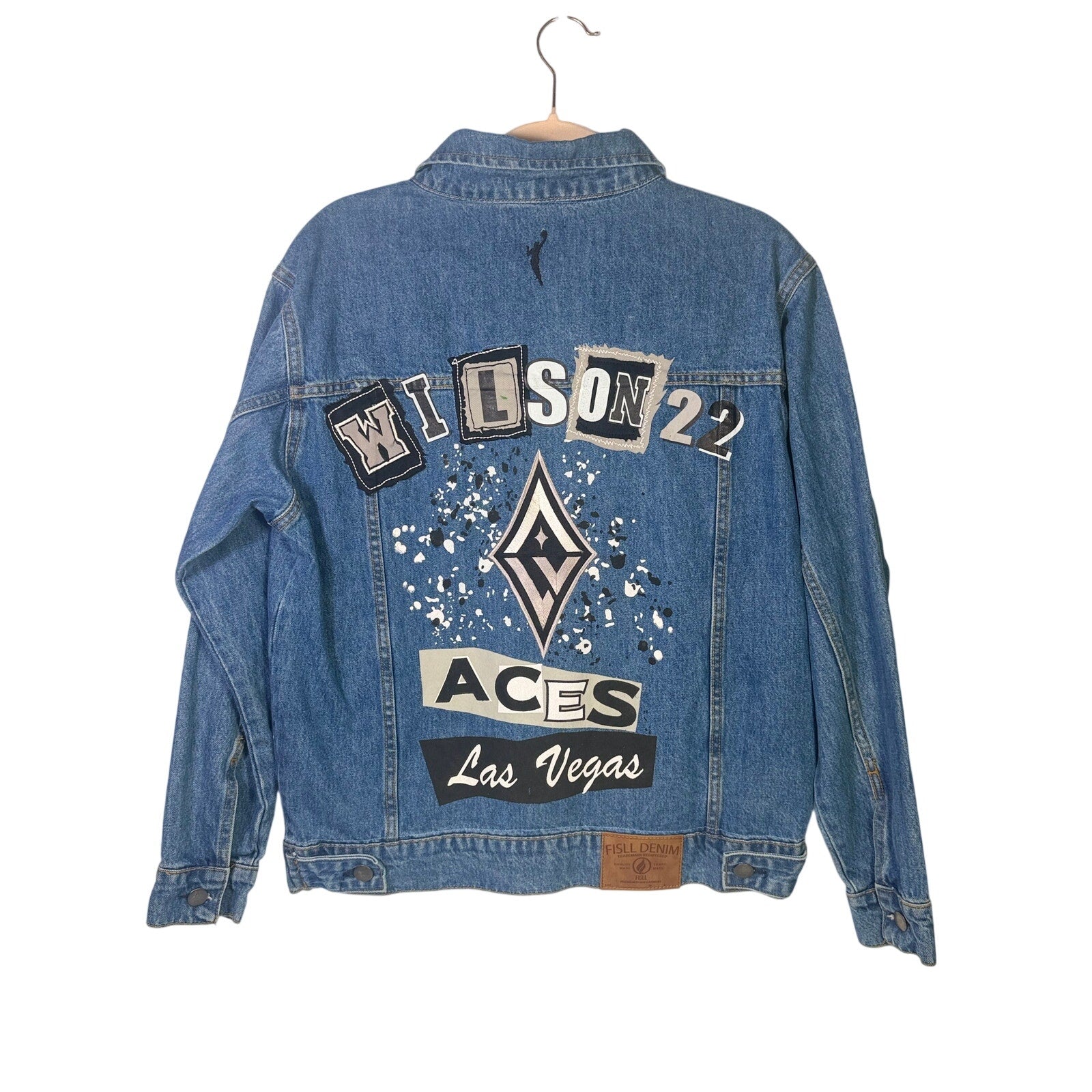 FISLL Las Vegas Aces Wilson denim jacket for women or men, medium size, unisex style with team logo and classic denim design.
