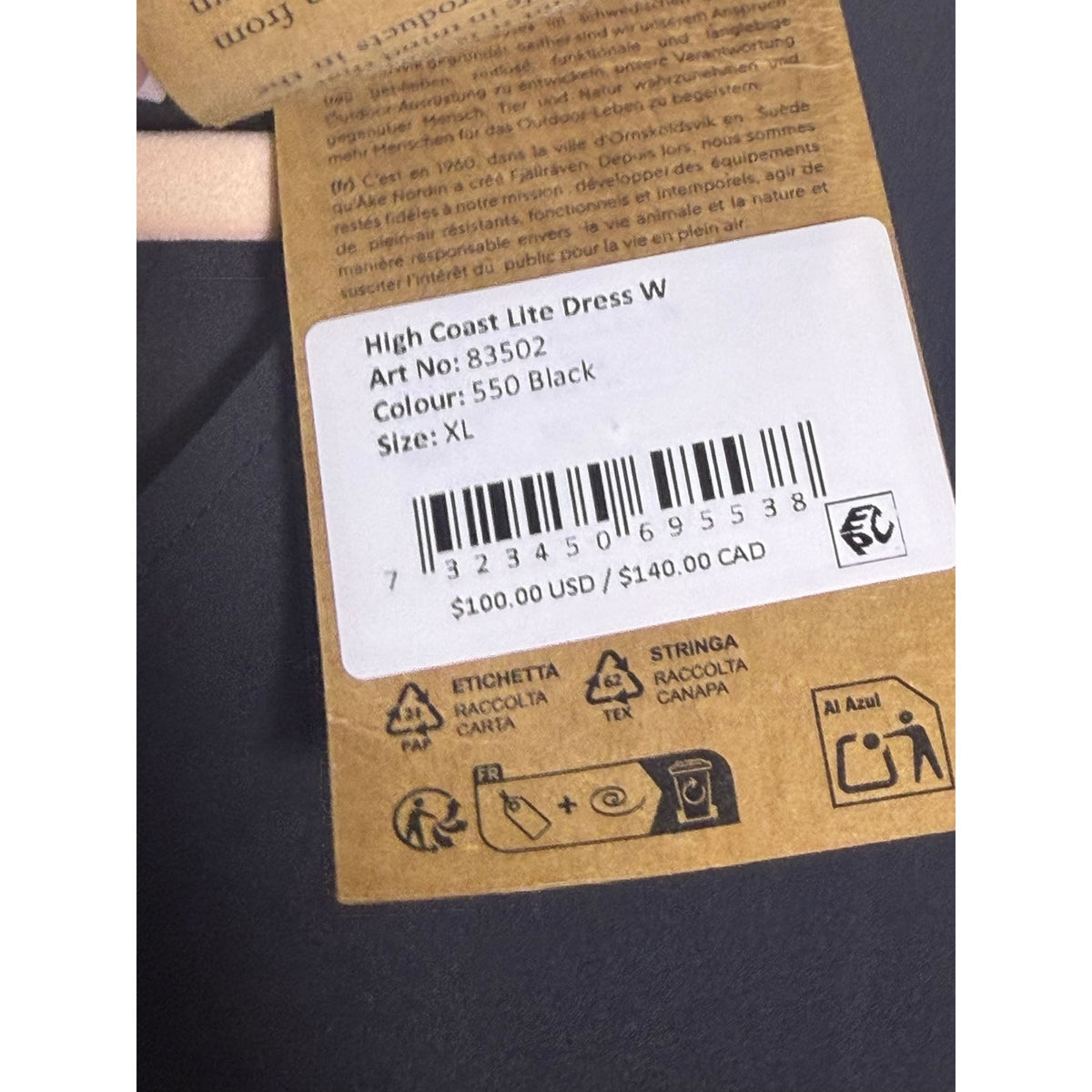 Fjallraven High Coast Lite Dress Women's XL in black, lightweight and casual, suitable for hiking and travel adventures.