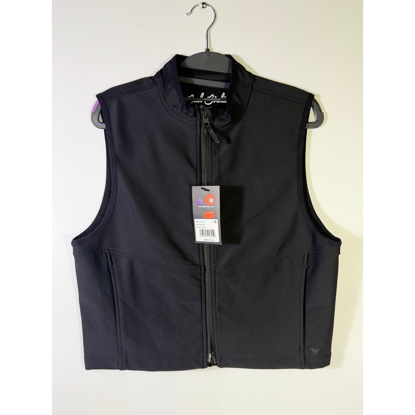 Bad Birdie men's black softshell golf vest with full zip, medium size, lightweight and stylish for outdoor golf wear.