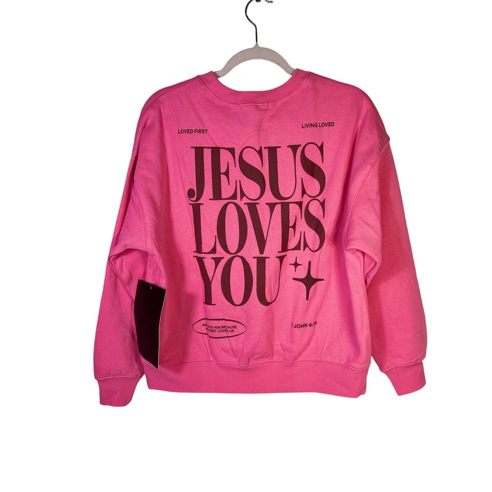 Pink Revival Club Jesus Loves You Christian crewneck sweatshirt in size small, featuring a soft fabric and religious graphic print.