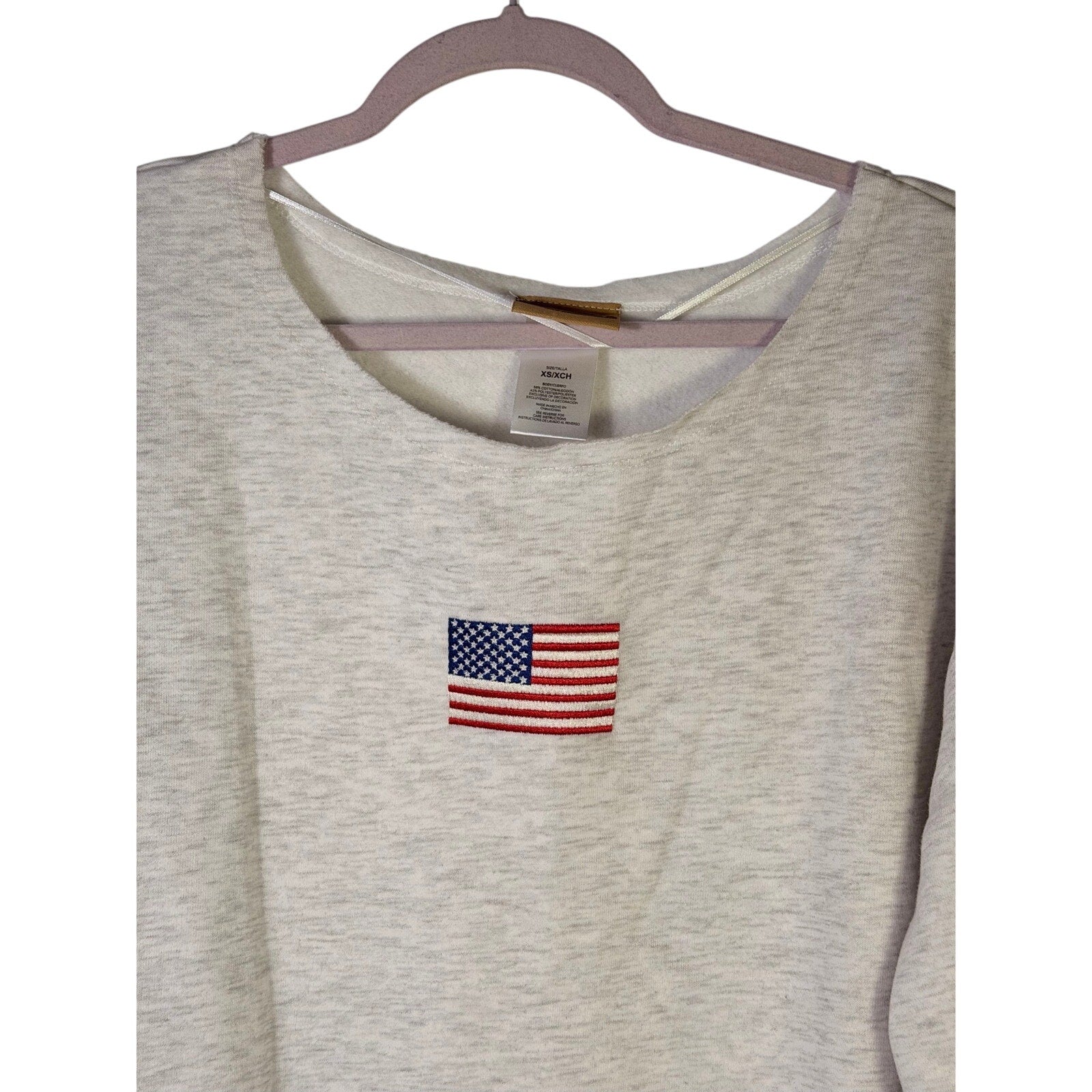 Kind Regard women's USA American flag embroidered crewneck sweatshirt in size XS, featuring patriotic flag design and comfortable fit.