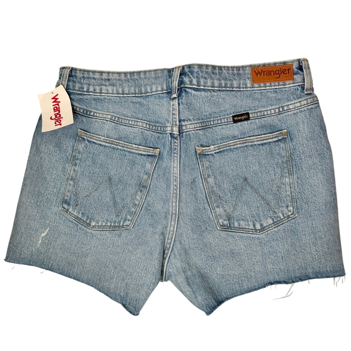 Wrangler women's high rise vintage denim shorts in size 10/31, showcasing classic cut and distressed detailing.