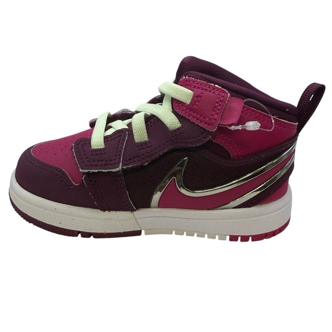 Air Jordan 1 Mid RM EasyOn toddler sneakers in Bordeaux, pink, and white with breathable design and supportive sole.