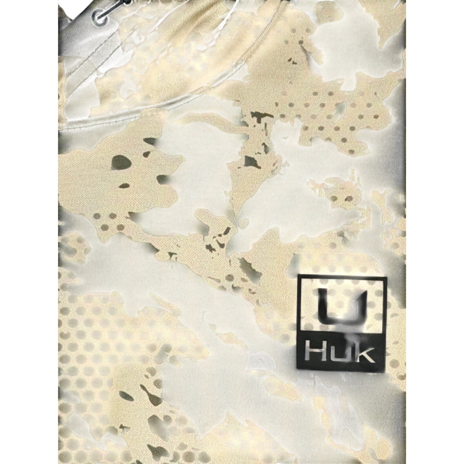 HUK Men’s Cold Front KC camo printed fishing hoodie in size XL, showing front view with camo pattern and hoodie details.