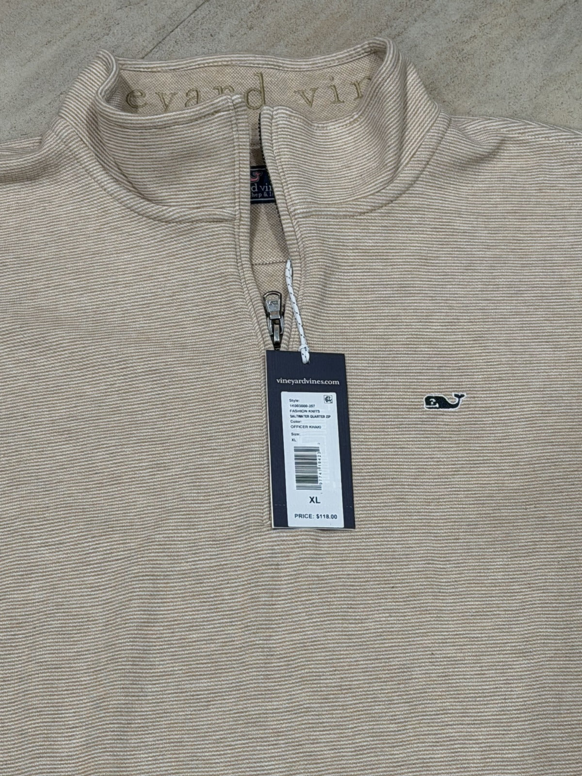 Vineyard Vines men's XL Saltwater quarter zip pullover in khaki with navy and white stripes, new with tags.