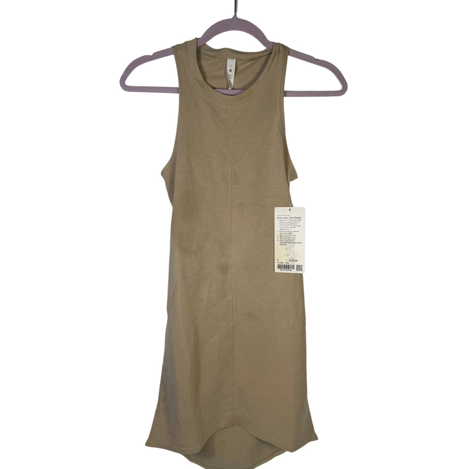Lululemon women's beige Back Vent Tank Dress with open back and size 2, casual sleeveless dress for women.