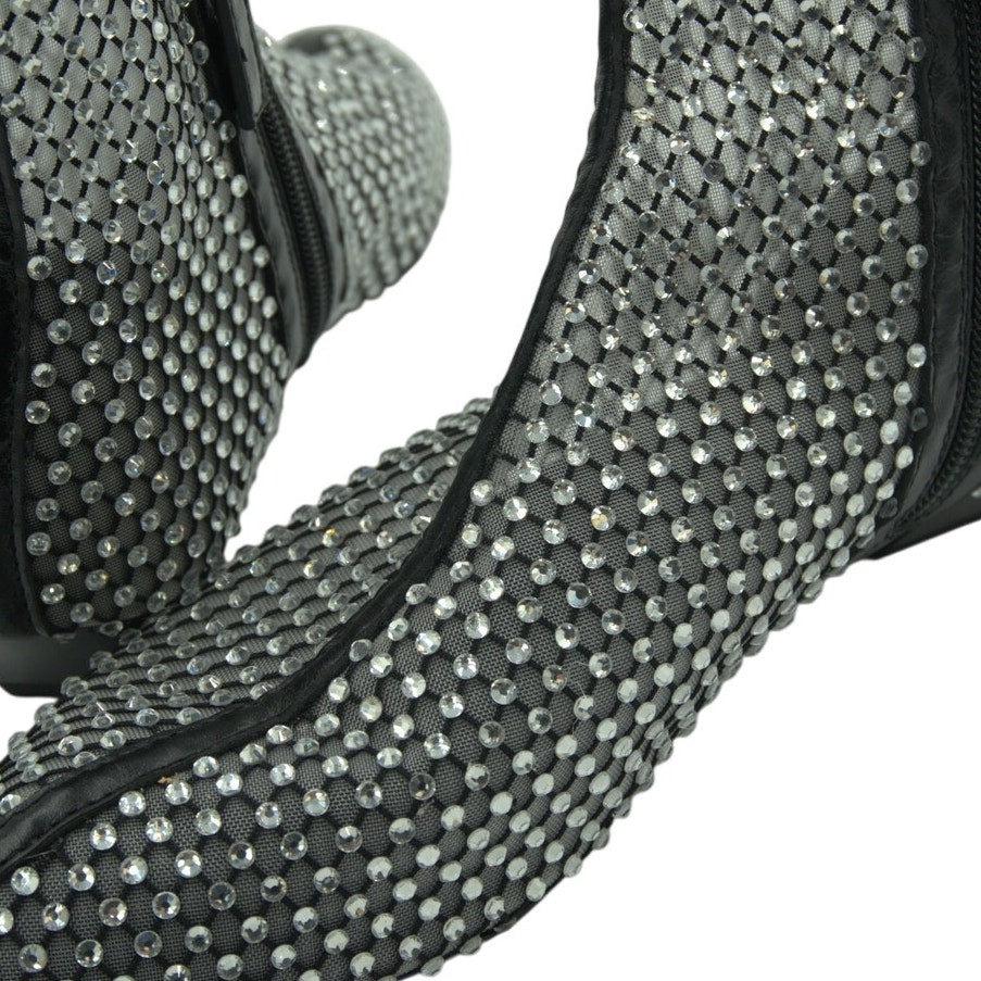 Rebecca Minkoff black crystal mesh booties for women, size 8M, with 40mm heel, new in box.