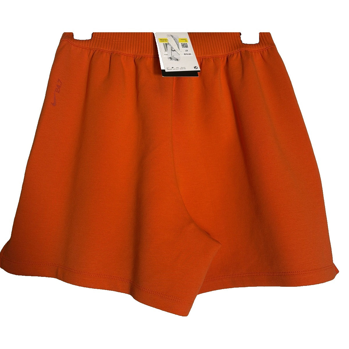 Nike 24.7 Women's high-waisted orange knit shorts, size S, new with tags, shown on a model.