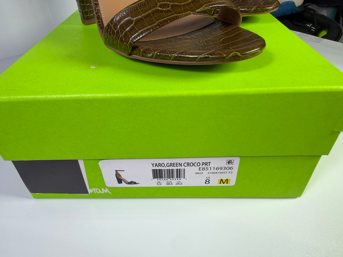 Sam Edelman Yaro ankle strap block heel sandal in green croco print, size 8M, with box, showcasing the stylish heel and strap details.