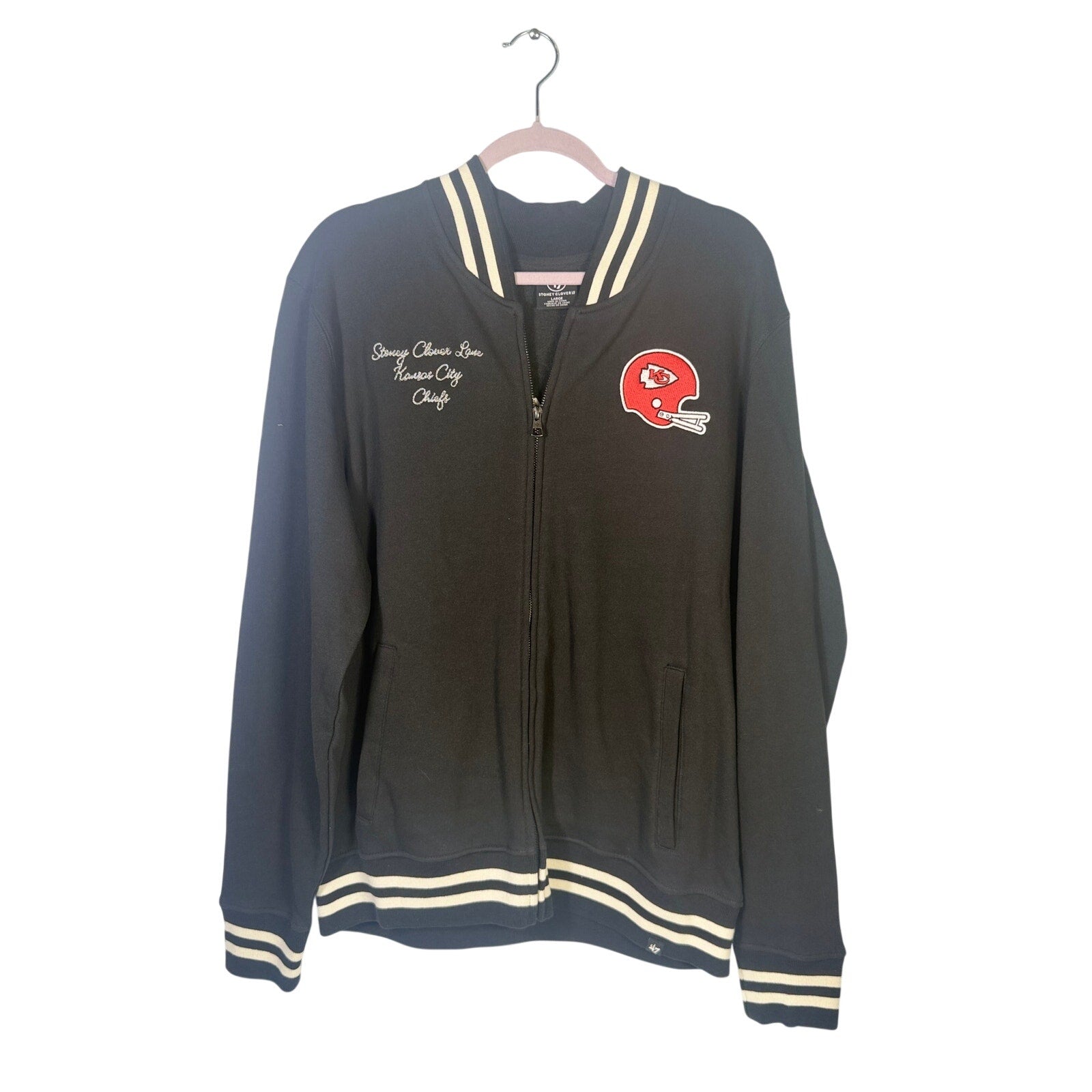 Stoney Clover Kansas City Chiefs women's varsity jacket in black, large size, with team logo and varsity style details.