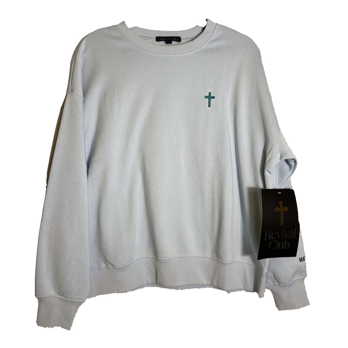 Light blue Revival Club women's crewneck sweatshirt featuring a "Called and Chosen Matthew 22:14" design, size M, new with tags.