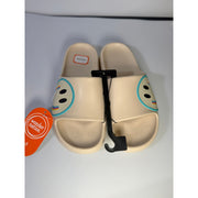 Wonder Nation girls cream smiley face slide sandals size 4-5 youth, featuring cheerful smiley design and comfortable slip-on style.