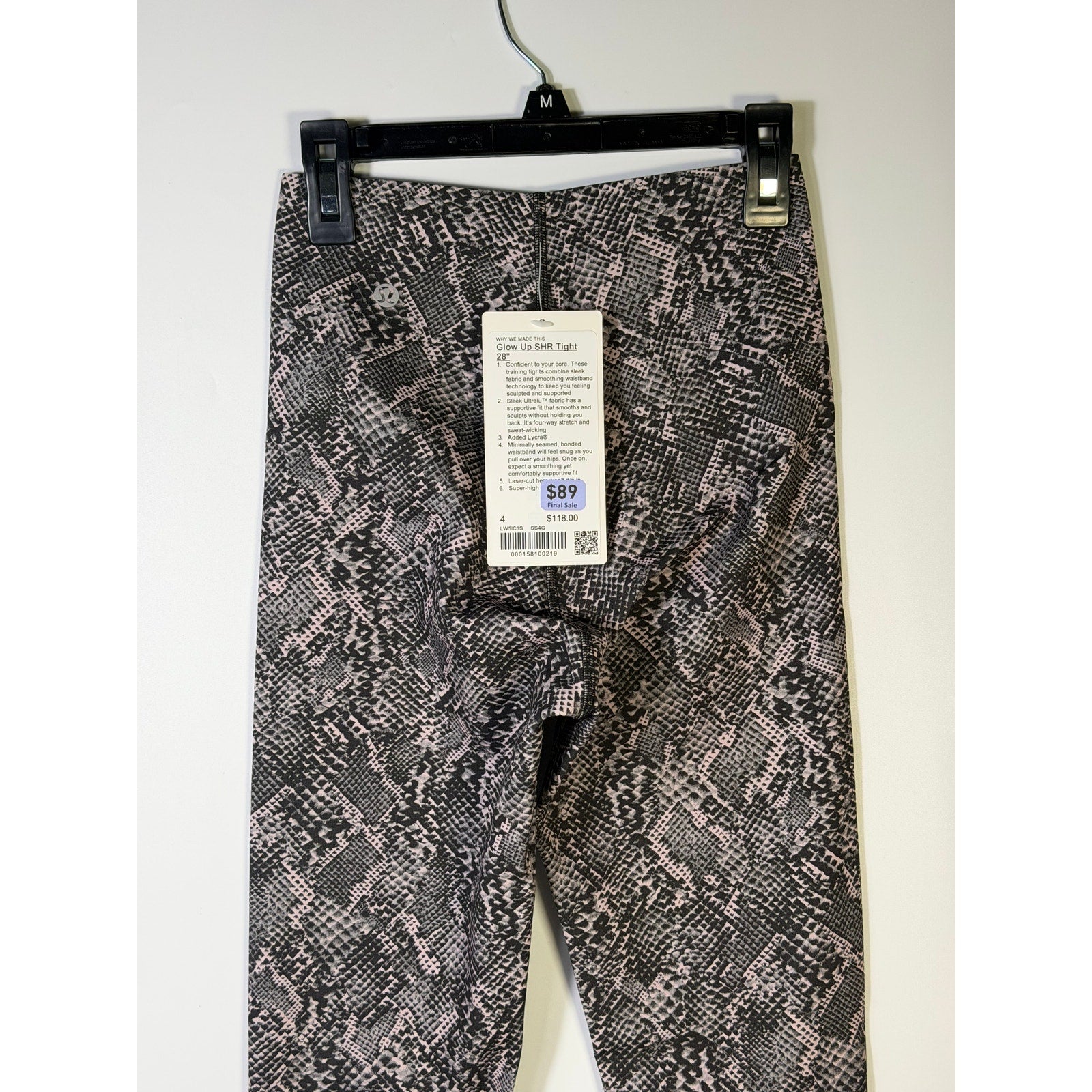 Lululemon Glow Up SHR Tight leggings in pink and black snakeskin print, size 4, with 28-inch length, new with tags.